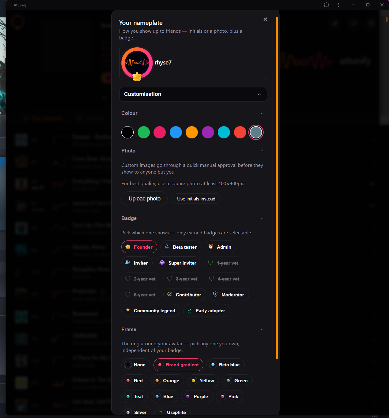 Profile customisation screenshot