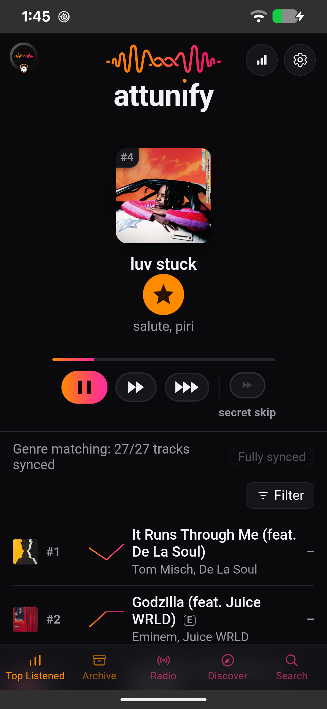 Attunify on a phone: Top Listened